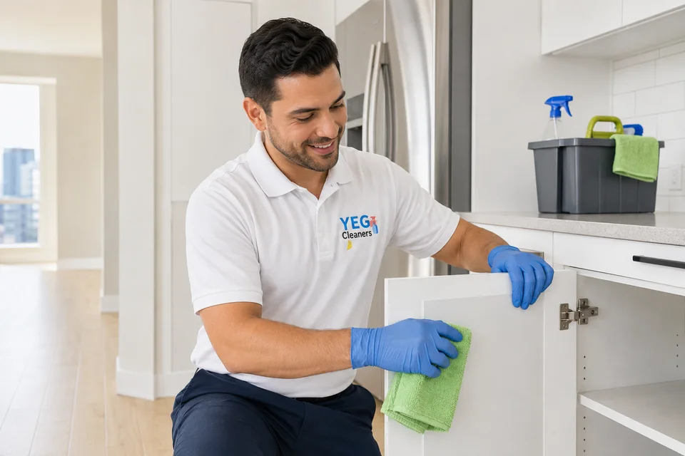 Cleaner in a YEG polo wiping an empty kitchen cabinet