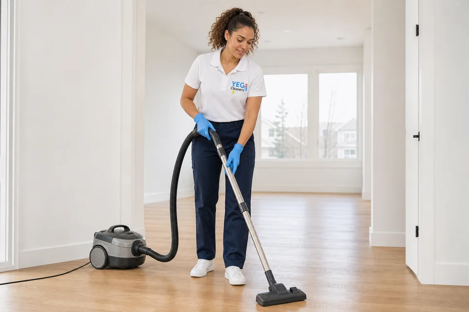 Cleaner in a YEG polo vacuuming a bright, newly finished room